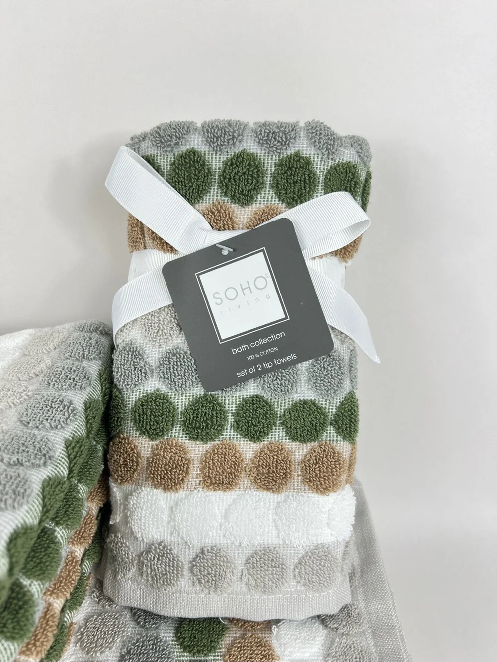 Soho Living Bath Towel Set Dots and Stripes Green Tan White 100% Cotton 6 Pc NEW